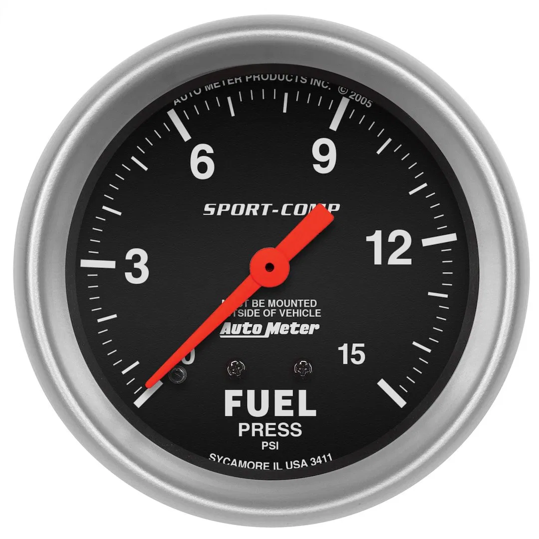 3411 – AUTO METER Gauge Fuel Pressure, 2-5/8 Inch Full Sweep Mechanical 0-15 PSI Analog Without Isolator Without Peak...